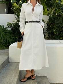 DAZY 女士翻领收腰长款休闲牛仔连衣裙 - 白色 - 查看 2