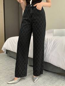 Dazy Tall Jeans rectos y relajados para mujer alta, tela texturizada, uso casual de ciudad - Negro - Ver 3