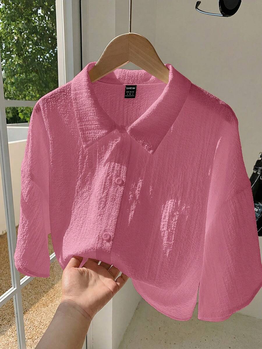Comfortcana Women's Casual Light Pink Woven Cropped Shirt, Summer Pink Shirt Textured Shirt,Summer Top - Baby Pink - View 1
