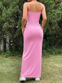 SHEIN EZwear Vestido largo de verano informal de unicolor con tirantes finos ajustados - Rosa - Ver 2