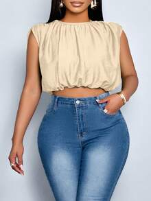 SOLERSUN Kemeja Tanpa Lengan Berkerut Warna Polos Sederhana untuk Wanita Ukuran Plus, Cocok untuk Pakaian Sehari-hari Musim Semi dan Musim Panas. Atasan Crop Ukuran Plus dengan Pinggang Ramping, Atasan Musim Panas untuk Wanita Berlekuk Tubuh. - Aprikot - View 1