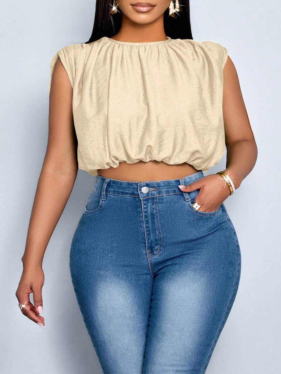 SOLERSUN Kemeja Tanpa Lengan Berkerut Warna Polos Sederhana untuk Wanita Ukuran Plus, Cocok untuk Pakaian Sehari-hari Musim Semi dan Musim Panas. Atasan Crop Ukuran Plus dengan Pinggang Ramping, Atasan Musim Panas untuk Wanita Berlekuk Tubuh. - Aprikot - View 1