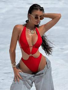 Swim SXY 女士新款纯色露背深V领性感丁字连体泳衣 - 紅色 - 查看 3