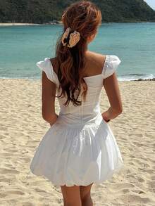Joudiya Vestido casual y dulce para niña con diseño de lazo de encaje calado blanco, adecuado para el Día de San Valentín, boda, fiesta, evento de moda, uso elegante en la oficina, vestido mini entallado y acampanado - Blanco - Ver 3