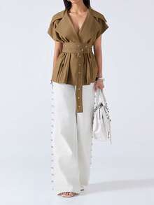 LYSMO 女士纯色翻领腰部镂空纽扣设计休闲西装外套 - 橄欖綠 - 查看 5