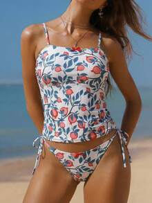 Swim Mod 2026 Women's Spring/Summer Beach Camisole Tankini Set, Fresh And Sweet Pomegranate Fruit Print, Fabric, Bow Tie, Suitable For Vacation, Beach - Multicolor - View 3
