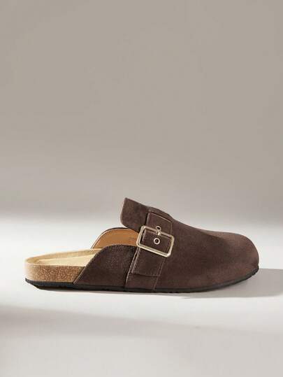 Solecia New Women's Flat Slip-On Shoes With A Half-Coverage, Faux Suede Material, Back Strap Style, Metal Buckle, Simple, Comfortable, Versatile, Suitable For Going Out Shopping, Walking, Or Traveling.