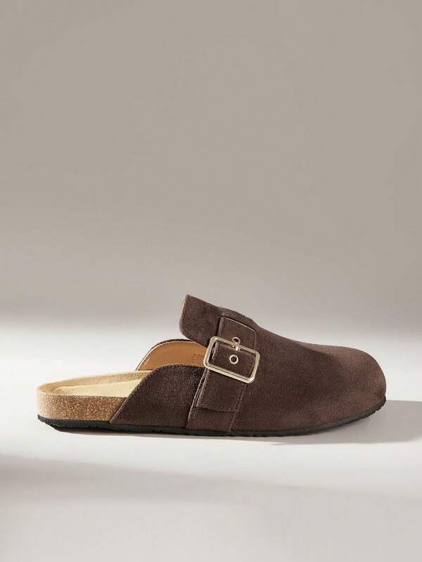 Solecia New Women's Flat Slip-On Shoes With A Half-Coverage, Faux Suede Material, Back Strap Style, Metal Buckle, Simple, Comfortable, Versatile, Suitable For Going Out Shopping, Walking, Or Traveling.