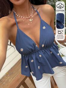 Livesso Women's Tie Neck V-Neck Tie Sleeveless Top, Summer - Blue - View 1