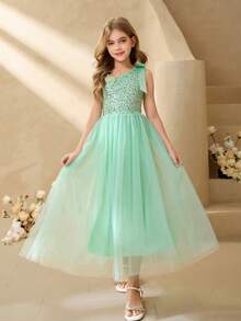 女童优雅绿色亮片网纱单肩蝴蝶结长款修身连衣裙，适合晚宴、圣诞节、万圣节、婚礼、花童、舞会、毕业典礼、节日等场合。 - 綠色 - 查看 1