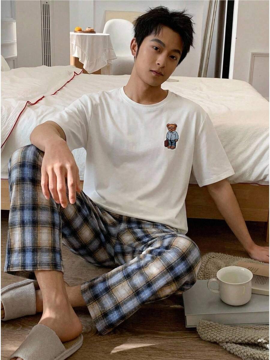 男士休闲熊纹格子短袖上衣和松紧腰长裤两件套家居服套装，春夏款 - 彩色 - 查看 1