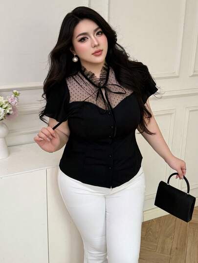 Vibekara Plus Size Mesh Patchwork Ribbon Tie Ruffle Sleeve Slim Casual Shirt