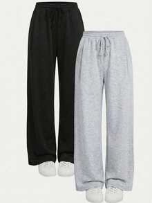 SHEIN 少女针织宽松休闲抽绳口袋阔腿运动裤，浅灰色 - 彩色 - 查看 6