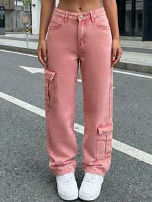 SHEIN ICON 女士休闲水洗直筒工装牛仔裤 - 粉色 - 查看 3