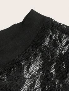 SHEIN Lady Spring/Summer Lace Black Knit Crew Neck Long Sleeve Color Block Mesh Plus Size T-Shirt - Plus Size Clothing Music Festival Fall - Black - View 7