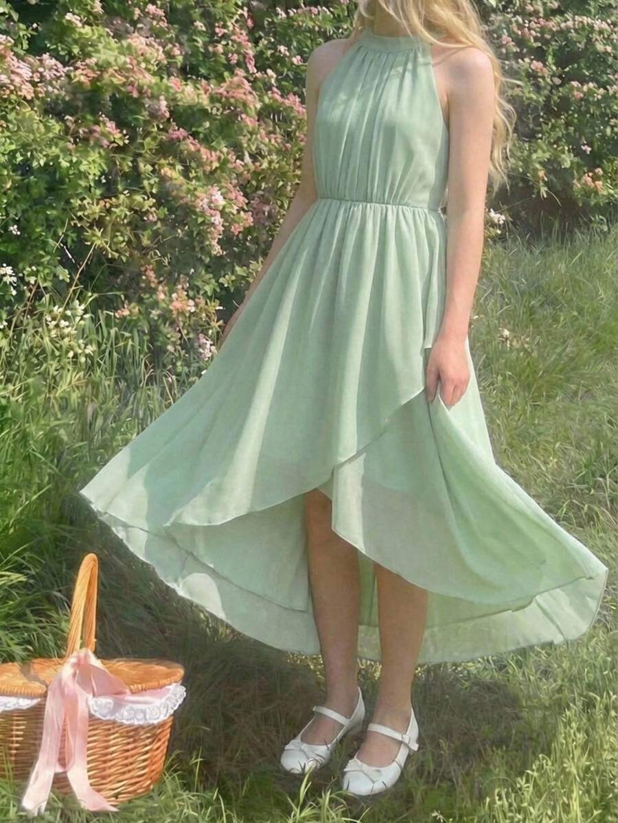 SHEIN 1pc Teen Girl Elegant Chiffon Spaghetti Strap Dress With Gathered Waist And Flared Skirt, Mint Green, Suitable For Daily, Party, Wedding, Bridesmaid - Green - View 1