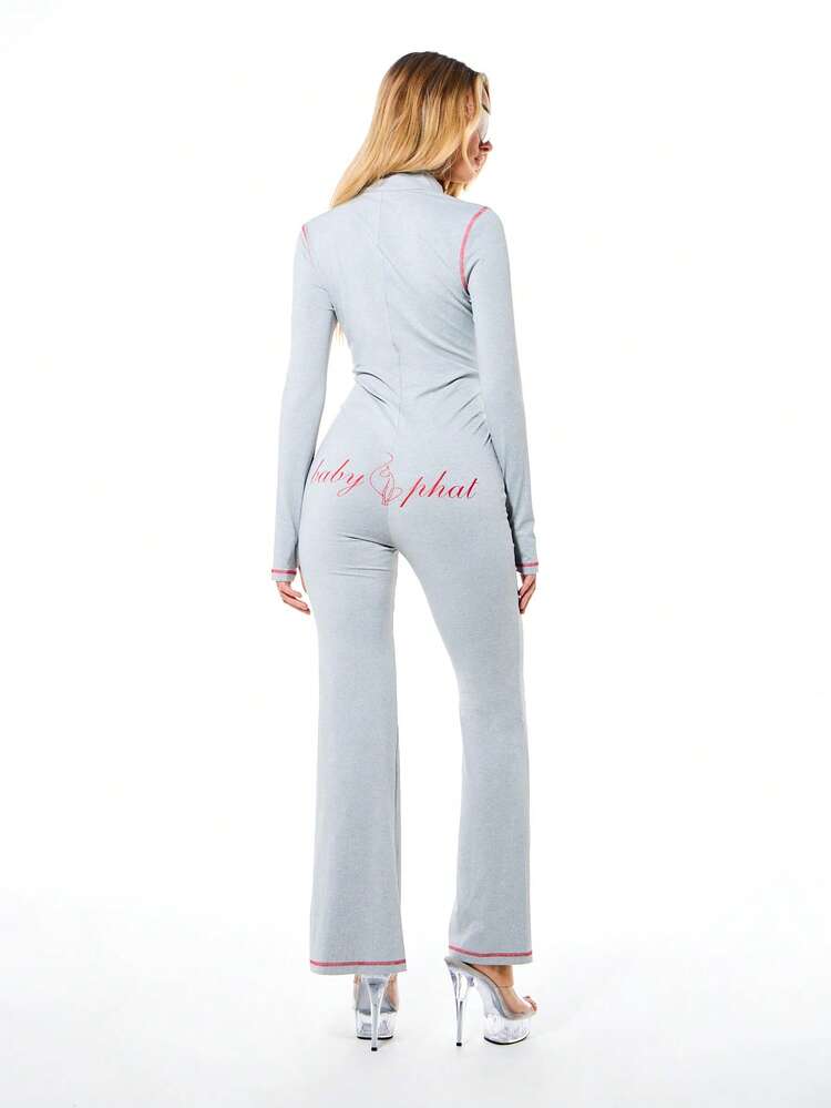 BABYPHAT Women's Long Sleeve High Neck Zip Up Flared Leg Jersey Jumpsuit With Front Print Detail