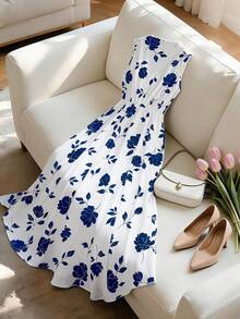 Franclia Đầm dài nữ màu xanh dương in hoa, kiểu dáng tối giản, cổ tròn, eo thon, thích hợp cho kỳ nghỉ. - Xanh và trắng - Xem 2