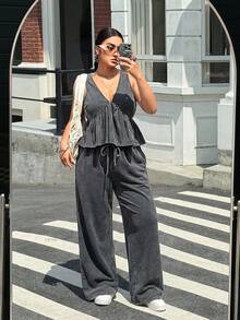 Muchica Plus Size Women Deep V-Neck Ruffle Hem Top And Drawstring Waist Wide Leg Pants Casual 2 Pieces Set - Light Grey - View 3