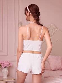 Bonmuse Contrast Lace Bow Fronts PJ Set / Pajama Set White Set Bow Tie - White - View 2