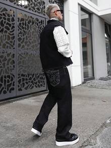 Artur Kramer 男士几何图案口袋直筒休闲牛仔裤，适合外出聚会、通勤、度假、街头、垃圾摇滚风 - 黑色 - 查看 6