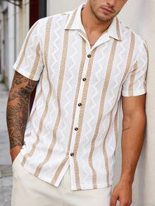 Manfinity RSRT Camisa casual de manga corta con textura de jacquard a rayas para hombres - Caqui - Ver 1
