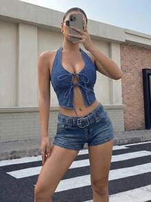Muchica Áo croptop denim hở lưng cổ yếm gợi cảm dành cho nữ mùa hè - Rửa trung bình - Xem 1