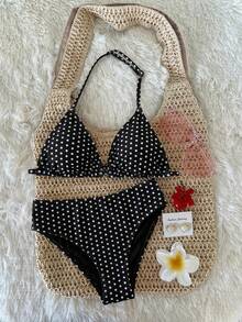 SHEIN 少女黑色波点吊带背心上衣和豹纹比基尼泳裤套装，夏季假期，海滩度假 - 黑色 - 查看 4
