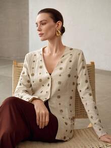 MOTF PREMIUM ELEGANT BEADED EMBROIDERED WOMEN'S THIN BLAZER - Apricot - View 1