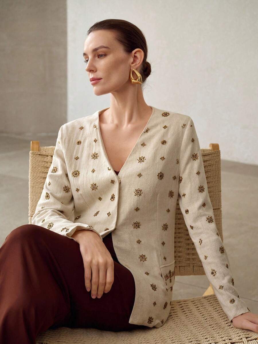 MOTF PREMIUM ELEGANT BEADED EMBROIDERED WOMEN'S THIN BLAZER - Apricot - View 1