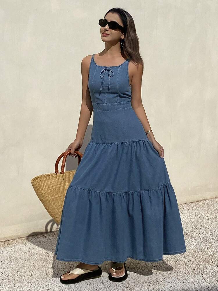 Women's Casual Long Denim Dress With Bow Decor