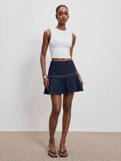 ATUI Studio Women's Summer Casual Fashionable Rivet Detail Asymmetric Hem Denim Mini Skirt
