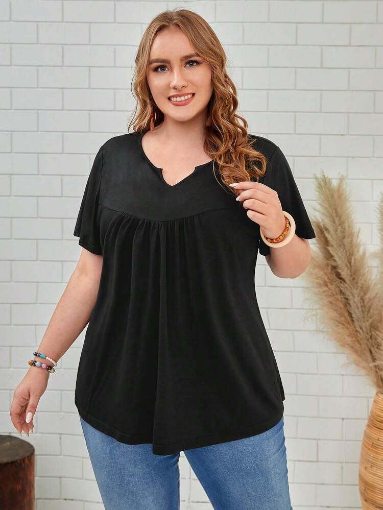 Plus Solid Notched Neck Tee,Spring/Summer/Vacation