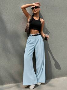 SHEIN EZwear Casual Versatile Commuter Solid Color Belted Wide Leg Pants - Blue - View 6