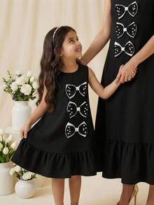 Elladie kids 1pc Girls' Summer New Black Round Neck Sleeveless A-Line Ruffle Hem Bowknot Pearl Decor Elegant Cocktail Party Princess Dress - Black - View 3