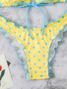 Swim Mod 女士夏季波点印花性感吊带蝴蝶结比基尼两件套泳衣沙滩度假套装 - 黃色 - 查看 4