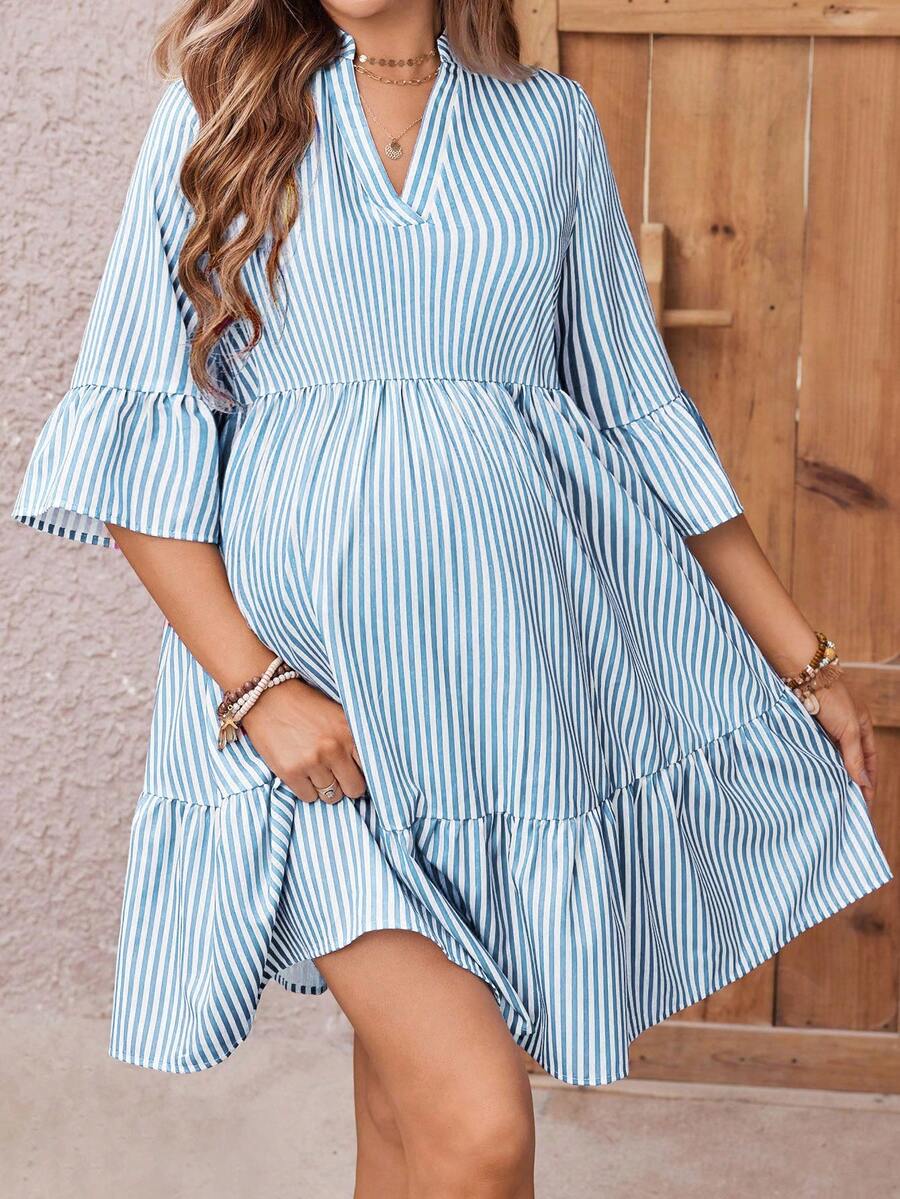 SHEIN Đầm sơ mi ngắn tay cổ đứng kẻ sọc dành cho nữ - Màu xanh lam - Xem 1