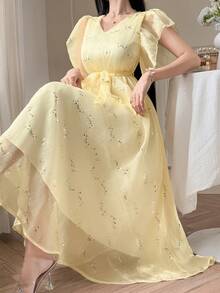 DAZY Vestido largo elegante con lentejuelas francés, vestido fluido para mujeres - amarillo ganso - Ver 1