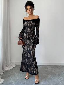 Glyssa 女式复古法式针织蕾丝露肩修身长袖连衣裙，适合秋冬季派对、庆典、正式场合 - 黑色 - 查看 6