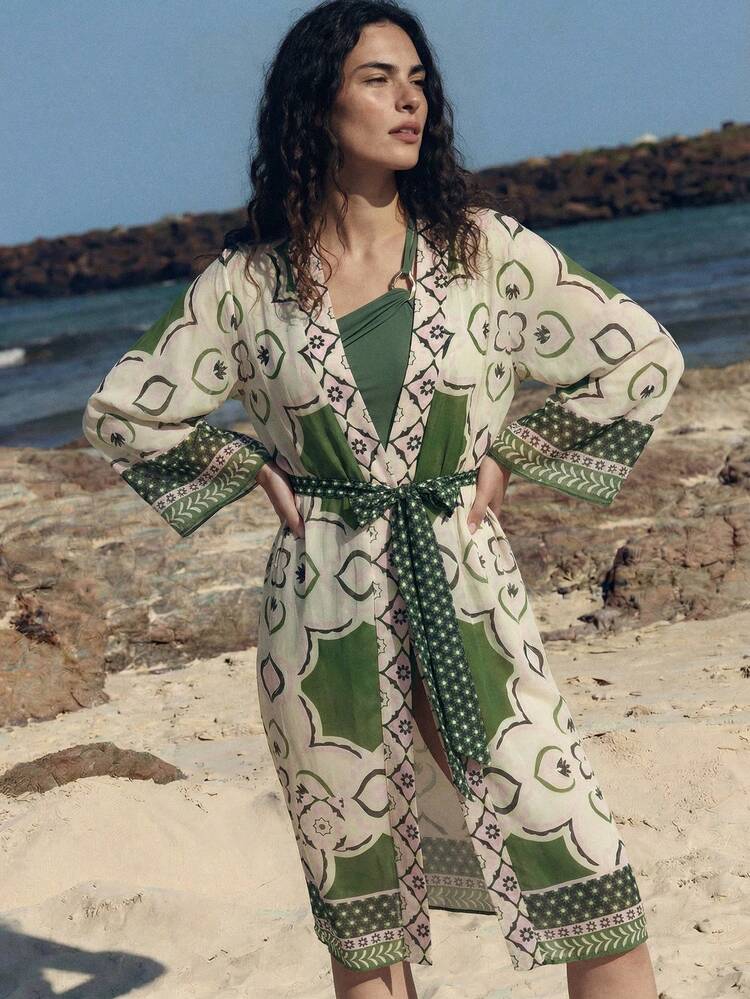 SHEIN Maija Fashionable & Elegant Floral & Geometric Pattern Tie Front Cover Up,Vacation Outfits Women,Summer Holiday Outfits ,Beach Vacation Outfits For Women Boho Dresses For Women Beach Wear For Woman Beach Cover Up Women Resort Wear Women Swimsuits For Woman With Cover Up Beachwear Cover Up Beach Wear Women Cover Up Women's Swim Cover Up Bathing Suits For Women With Cover Ups Cover Ups For Swimwear