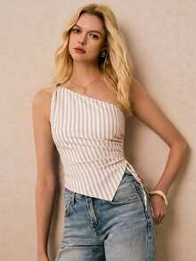 Poéselle Women's Casual Asymmetric Sleeveless Striped Top, Summer - Brown - View 2