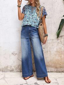 EMERY ROSE 女士度假休闲水洗阔腿牛仔裤 - 藍色 - 查看 6