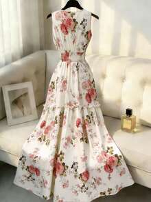 Franclia 女士新款深V领无袖褶裥前幅收腰飘逸印花长裙 - 杏色 - 查看 2