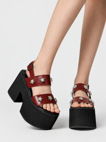 ROMWE Grunge Punk Women's Punk-Style Y2K Sexy And Elegant Wedge Platform Sandals, Gothic Retro Metal Colorful Crystal Buckle Double Strap Roman Gladiator Chunky Heel Elastic Ankle Strap Open Toe Party Nightclub Party Festival Comfortable Women's Shoes