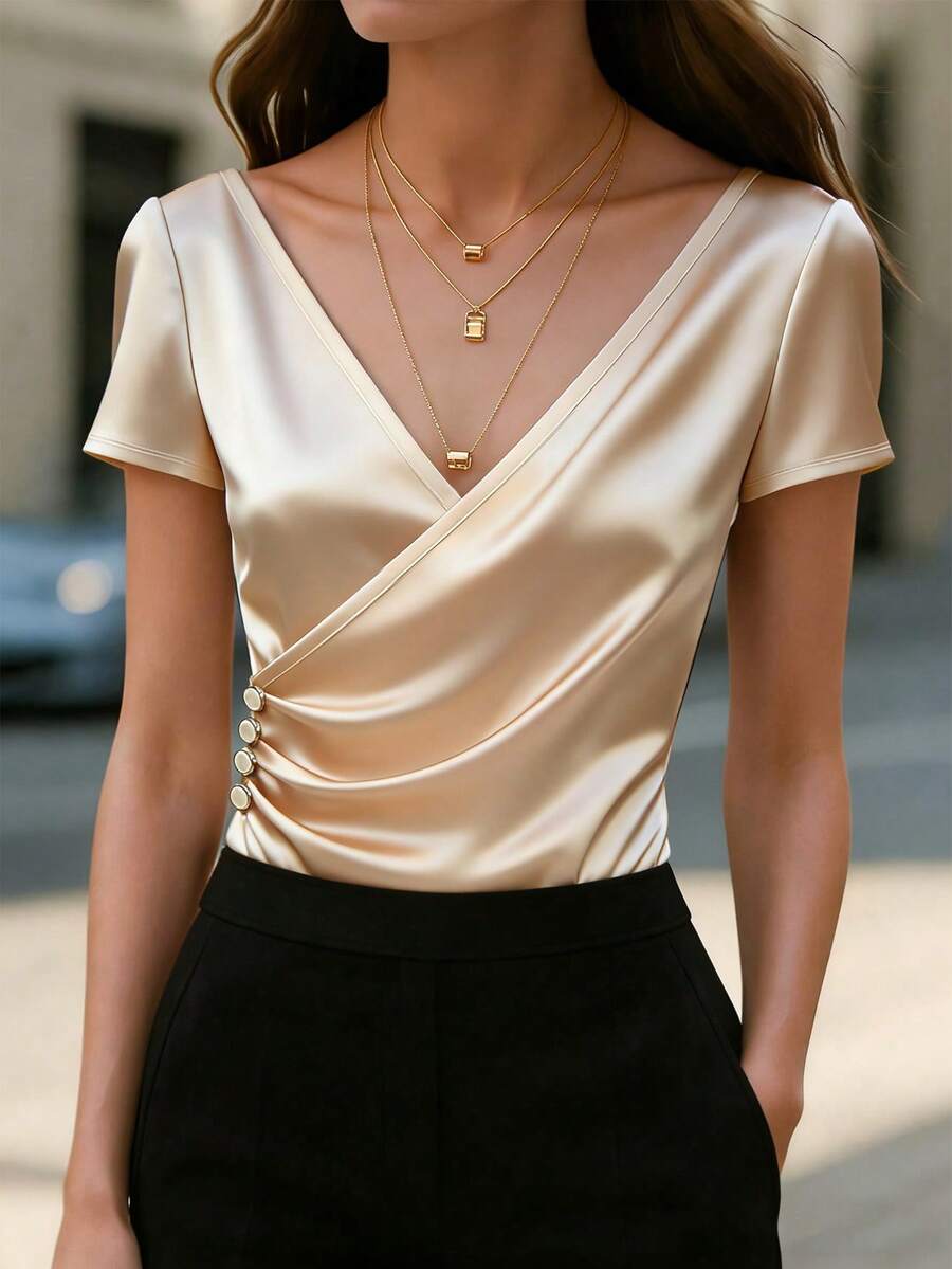 GlowEve 女士优雅通勤交叉领荷叶边短袖连体衣，夏季 - 杏色 - 查看 1