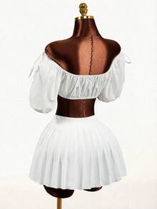 Mistrie Women's Solid Color Off Shoulder Short Petal Sleeve Front Tie Cropped Fashionable Top - White - View 2