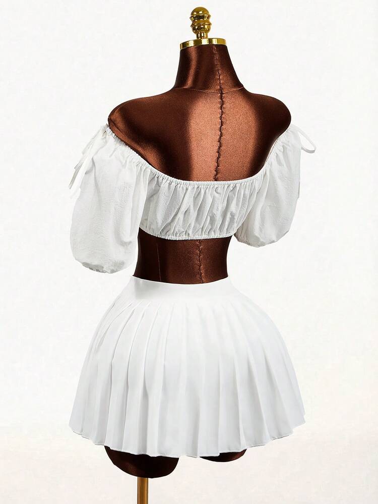 Mistrie Women's Solid Color Off Shoulder Short Petal Sleeve Front Tie Cropped Fashionable Top - White - View 2