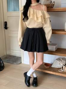 DAZY Women's Tie-Up Off-Shoulder Korean Style Ruffle Trim Blouse - White - View 4