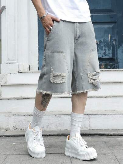 GALLERY FADE 男士口袋做旧毛边宽松牛仔百慕大短裤 男士做旧牛仔短裤