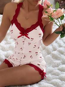 CottageSlumber Áo liền quần hai dây ren phối màu tương phản, hở lưng, in hình quả anh đào gợi cảm, đồ mặc nhà cho nữ. - Nhiều màu - Xem 2